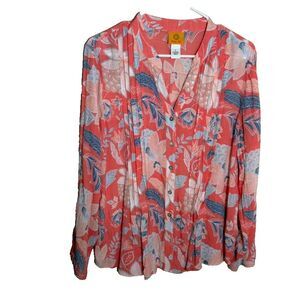 Ruby Rd Blouse Women's Large V-Neck Floral Button Up Long Sleeve Artsy Top